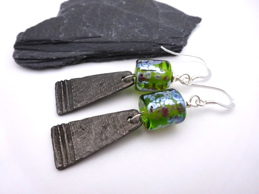 green lampwork glass and pewter charm earrings