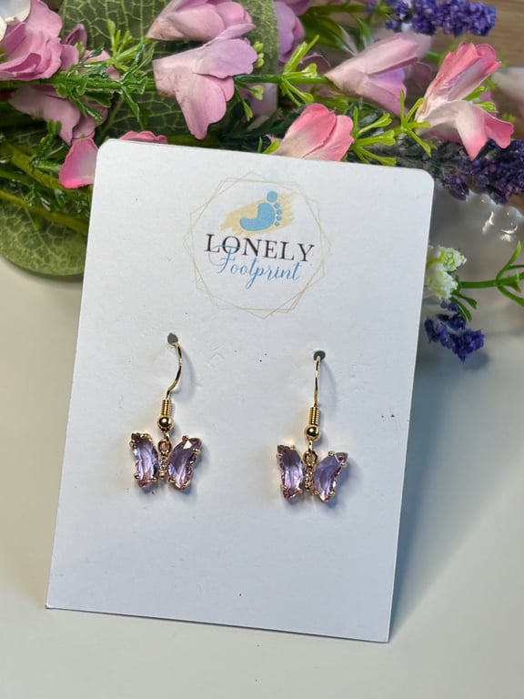 Purple Crystal Butterfly Earrings, Charm Earrings, Handmade Jewellery 