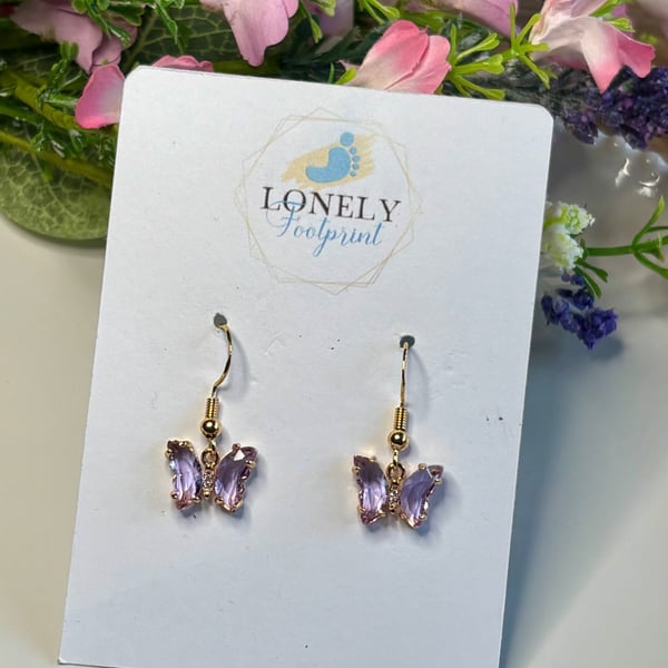 Purple Crystal Butterfly Earrings, Charm Earrings, Handmade Jewellery 