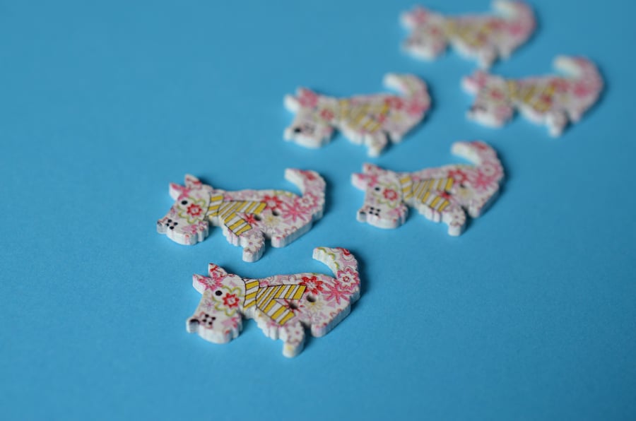 Wooden Dog Buttons Pink Yellow & White Flowers 6pk 30x20mm Puppy (DG15)
