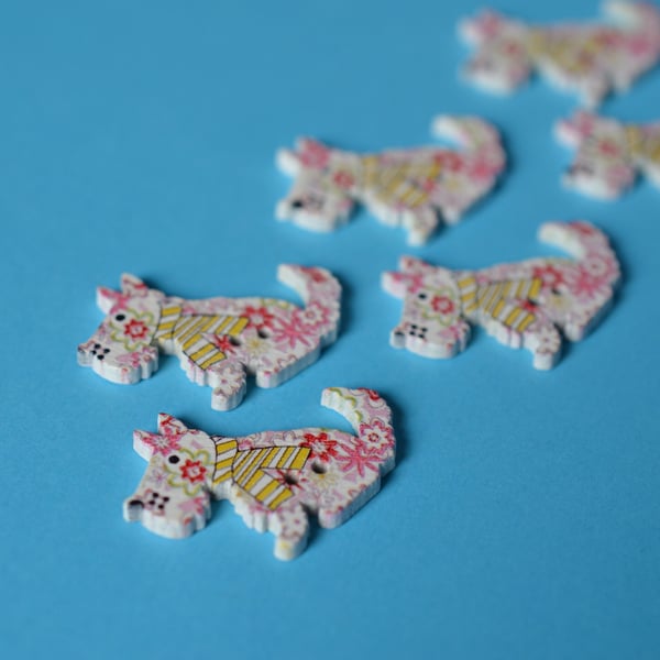 Wooden Dog Buttons Pink Yellow & White Flowers 6pk 30x20mm Puppy (DG15)