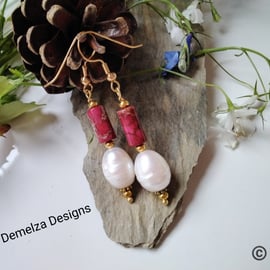 Large Ivory Baroque Pearl & Jasper Gold Plate Earrings 