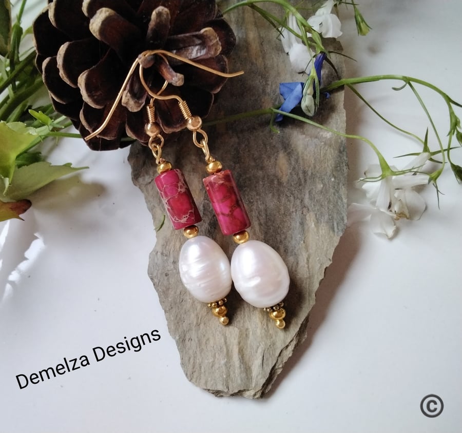 Large Ivory Baroque Pearl & Jasper Gold Plate Earrings 