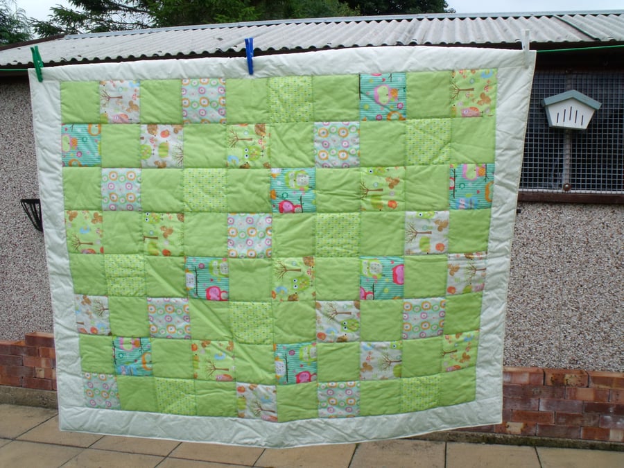 unisex green patchwork nursery quilt, cot blanket with owls or play mat