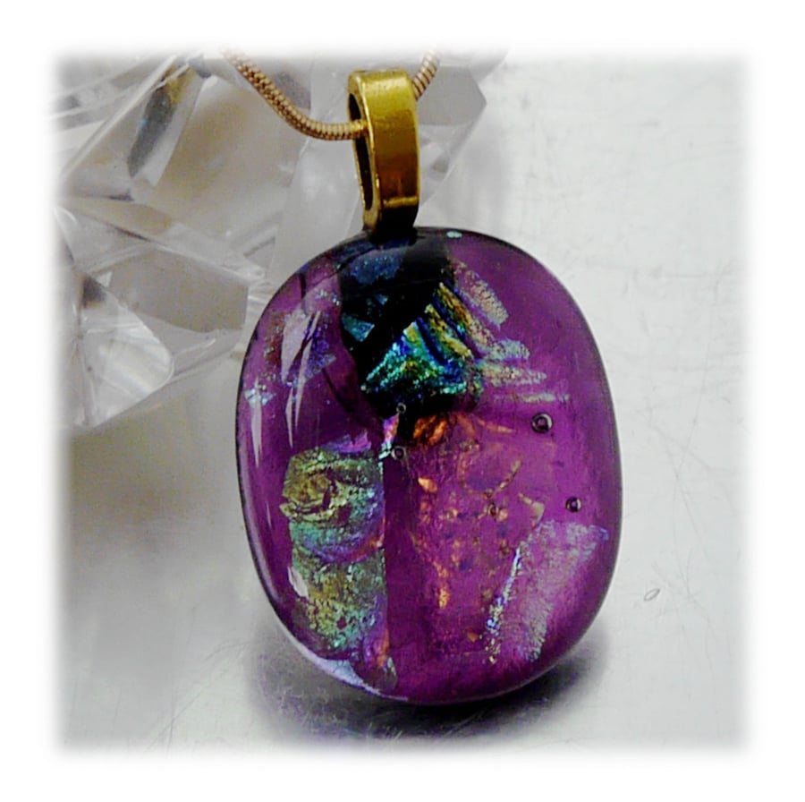 Dichroic Glass Pendant 070 Plum Patchwork handmade with gold plated chain