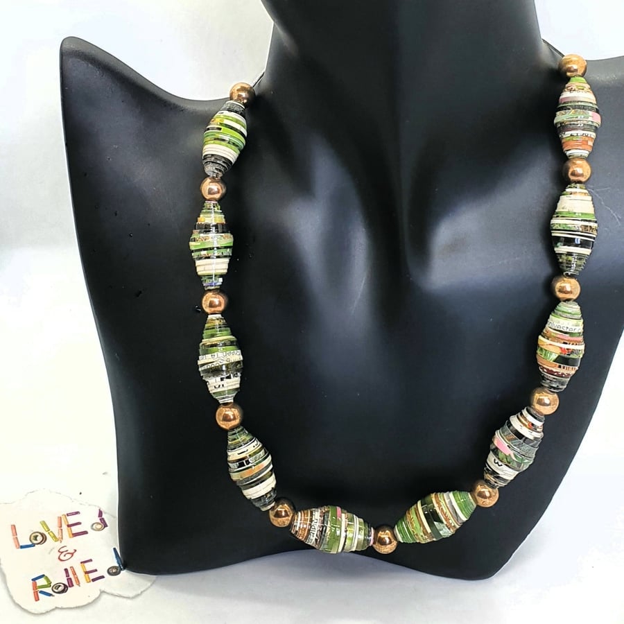 Paper beaded necklace with green, yellow and gold tones