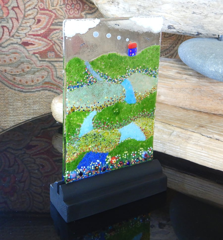 UNIQUE: Handmade Fused Glass 'LITTLE BLUE COTTAGE' Picture.