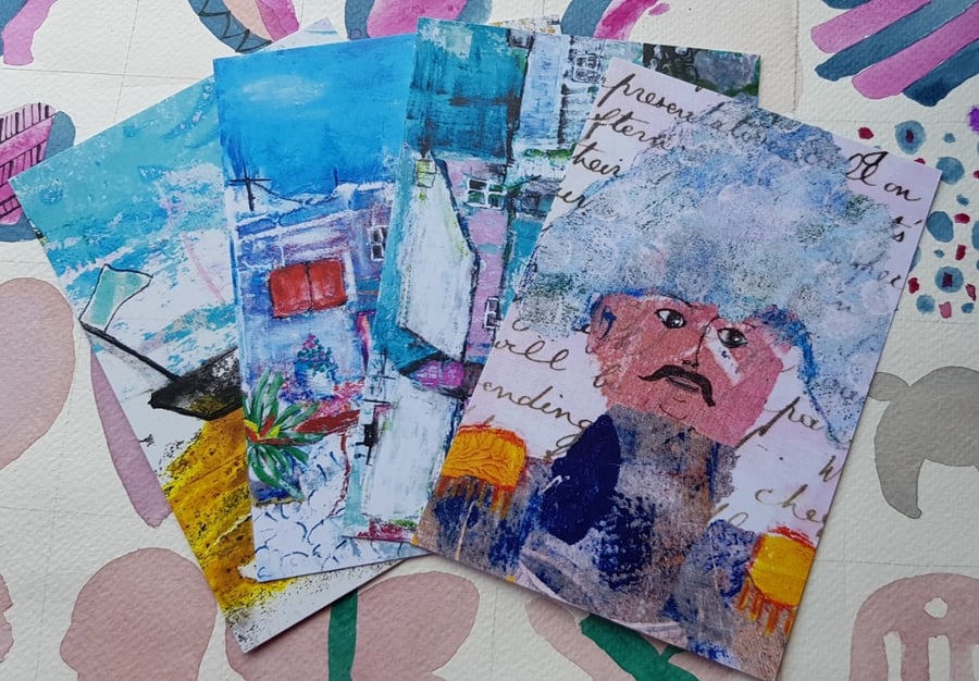 Set of 4 postcards printed from original mixed media art