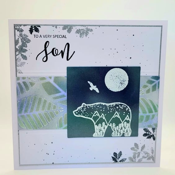 Son Birthday Card - cards, embossed card, nature, bear, eagle