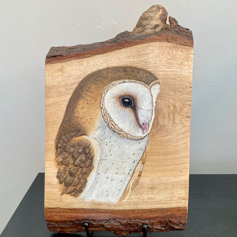 Barn owl original painting on oak wood