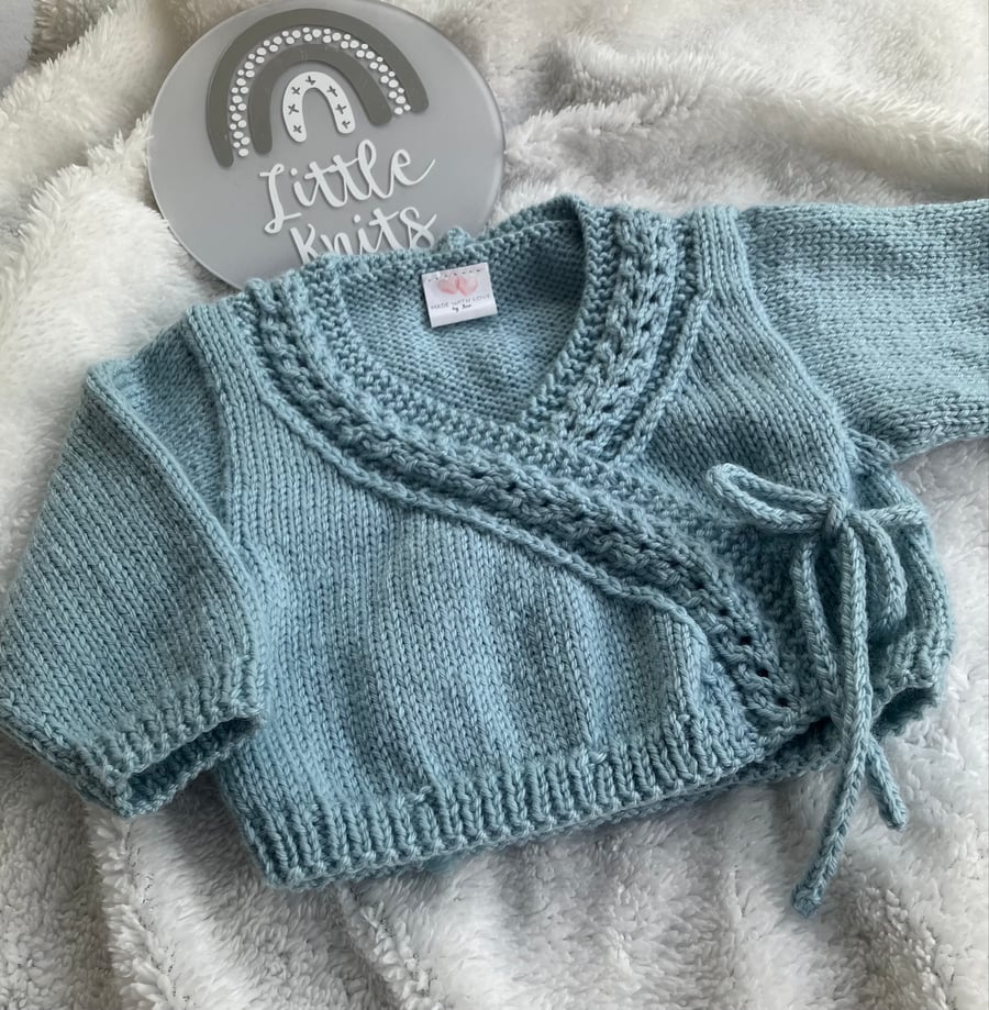 Hand Knitted Newborn Wrapover Cardigan (0-3 months)
