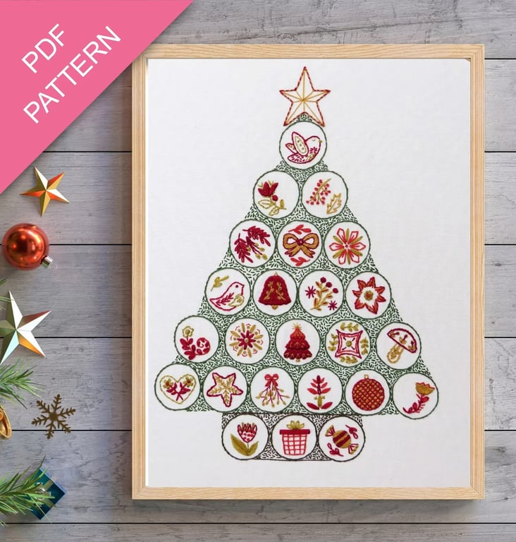 Folk Christmas Tree Advent Calendar Hand Embroidery PDF Pattern