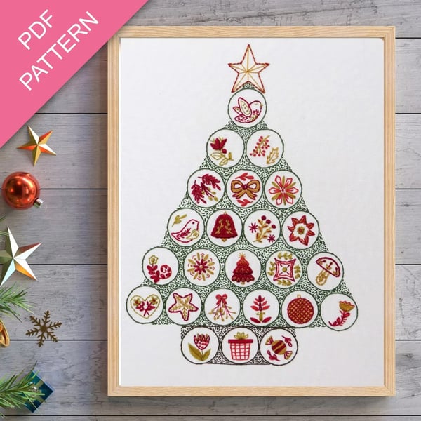 Folk Christmas Tree Advent Calendar Hand Embroidery PDF Pattern