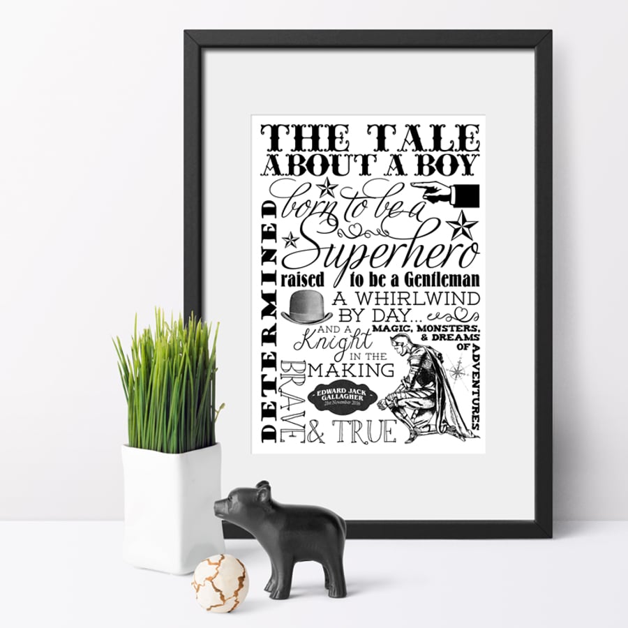 Typography Word Art Personalised Print, Gift For Baby Boy