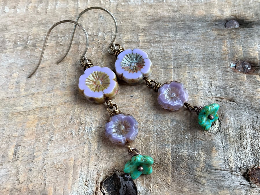 Purple Cascading Flower Earrings. Czech Glass Earrings. Spring Floral Jewellery
