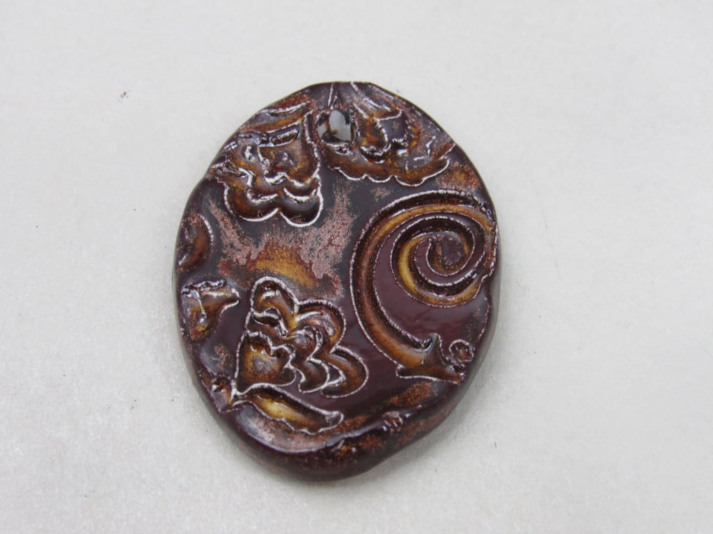 Large Dark Copper Brocade Ceramic Pendant