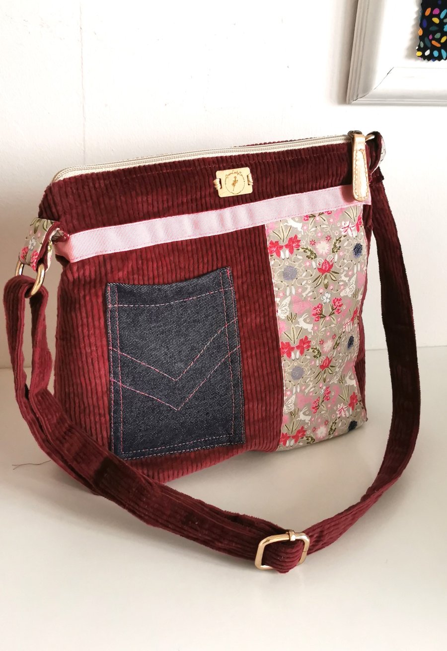 Burgundy Cord Cross Body Bag , Unique, made in Sheffield