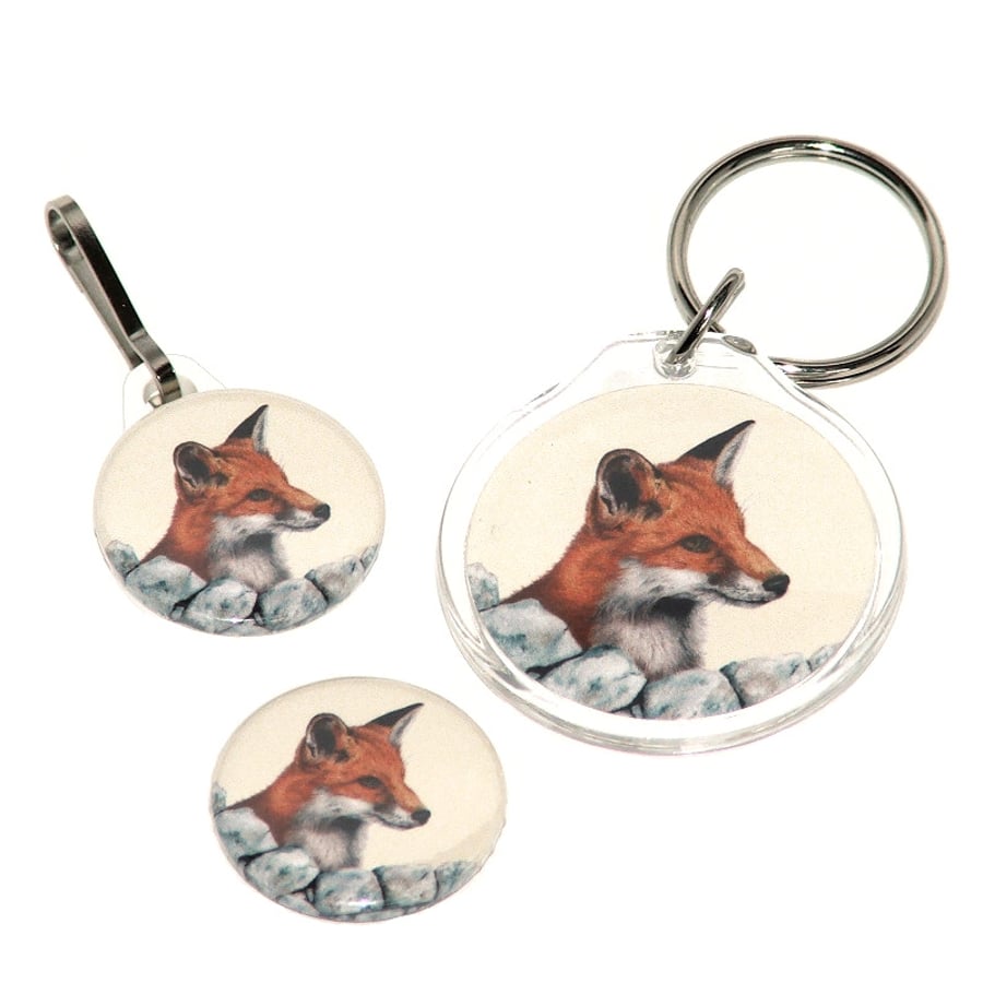 Keyring, badge and zip pull gift set - Red Fox