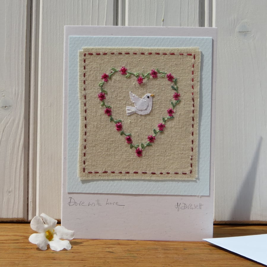 Dove with Love, hand-stitched miniature on card, definitely a card to keep