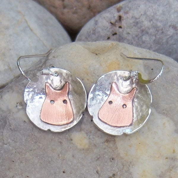 Sheep earrings in sterling silver and copper