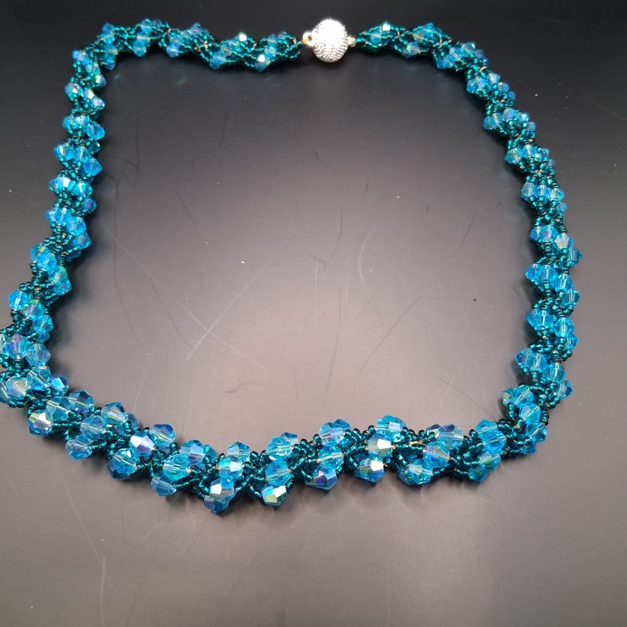 Handmade Beaded Twist Necklace in Teal and Turquoise
