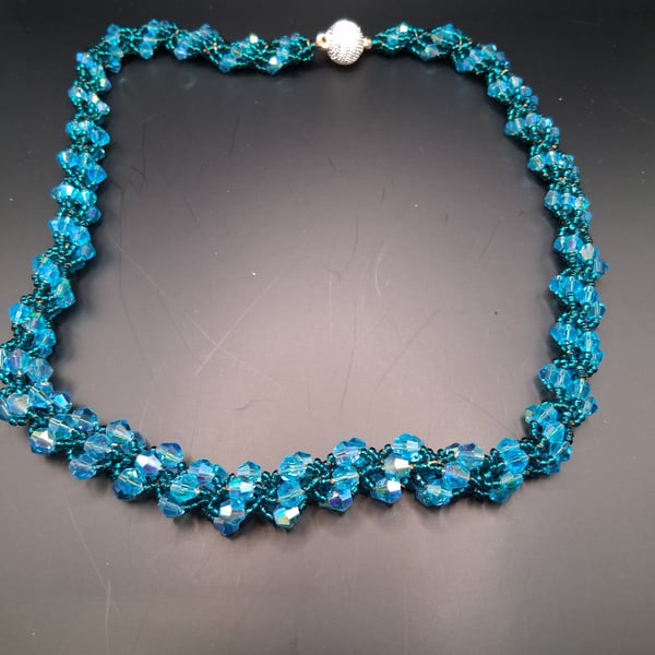 Handmade Beaded Twist Necklace in Teal and Turquoise