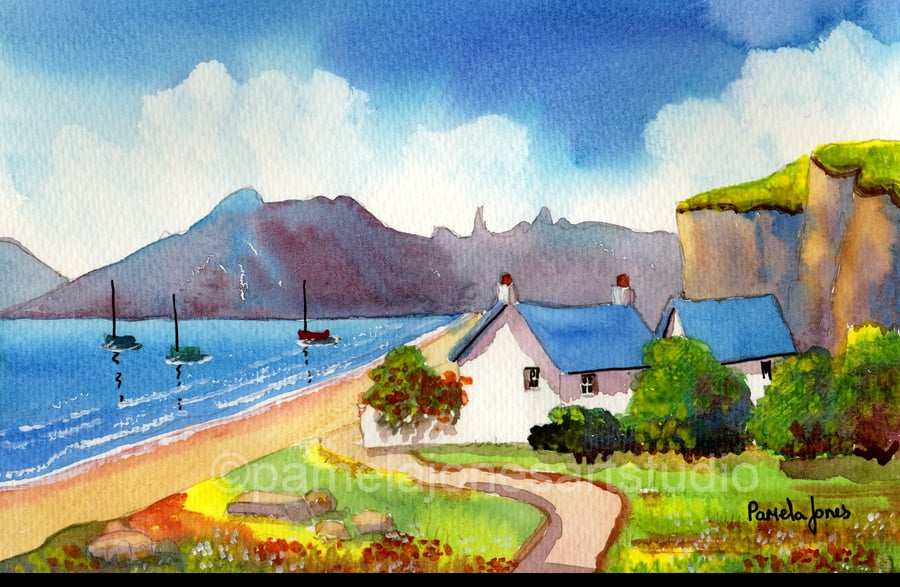 Original Watercolour, Coastal Cottage, Isle Of Skye, Scotland in 14 x 11'' Mount