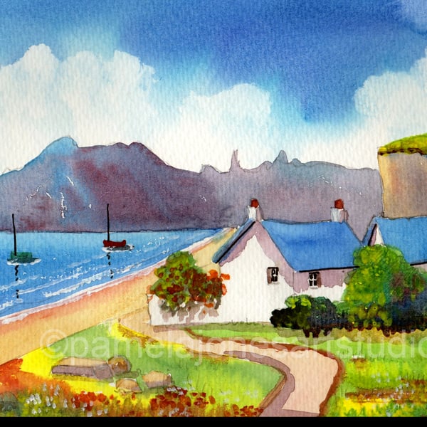 Original Watercolour, Coastal Cottage, Isle Of Skye, Scotland in 14 x 11'' Mount