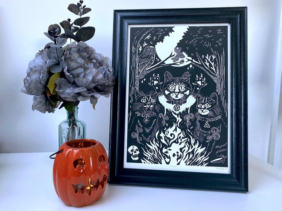 Cat Coven Linocut Witch Cat Wall Art. 