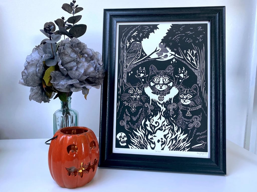 Cat Coven Linocut Witch Cat Wall Art. 
