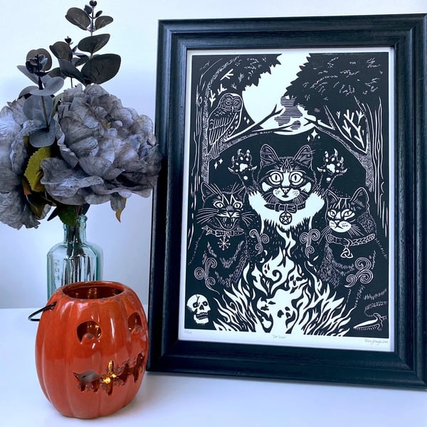 Cat Coven Linocut Witch Cat Wall Art. 
