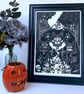 Cat Coven Linocut Witch Cat Wall Art. 