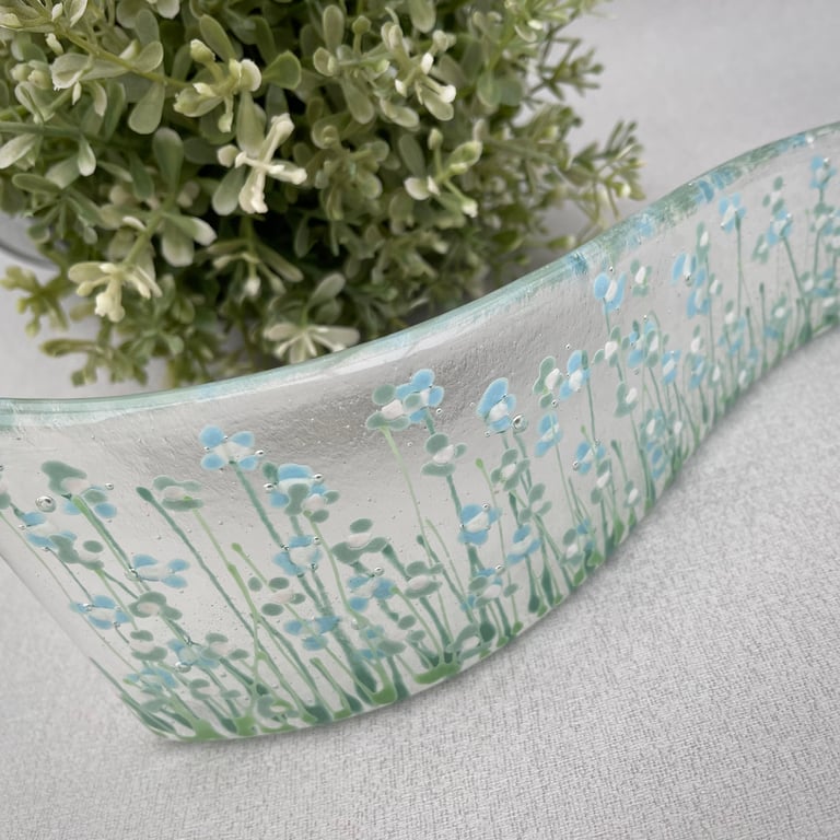 Fused glass hand painted Forget Me Not floral eau de nil duck egg blue Curve