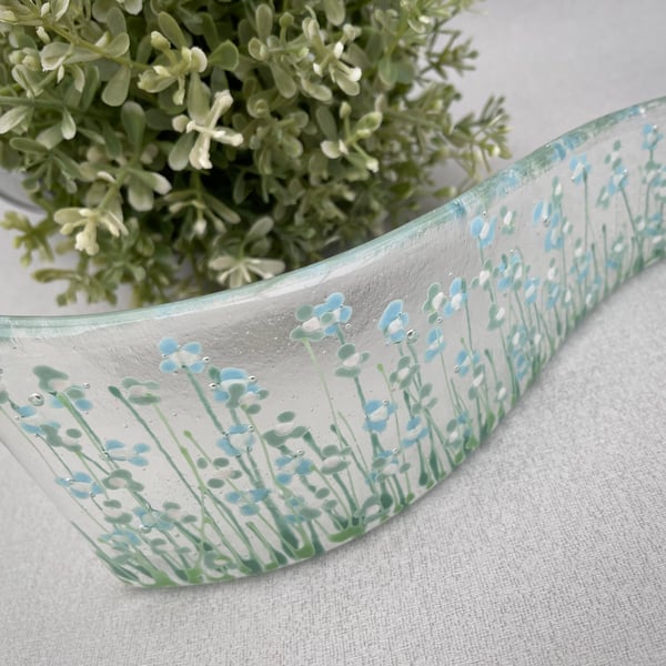 Fused glass hand painted Forget Me Not floral eau de nil duck egg blue Curve