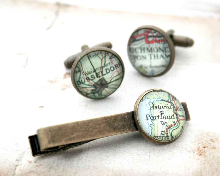 Set of Cufflinks and Tie clip with maps of your choice in antique bronze colour