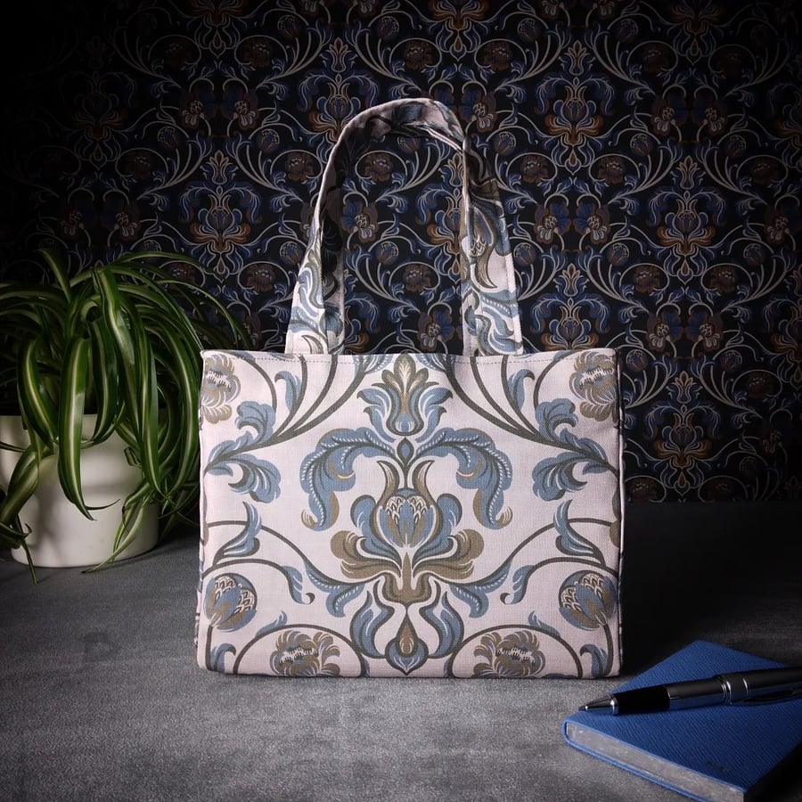 Mini Fabric Tote Bag - Baroque Style Floral on Taupe