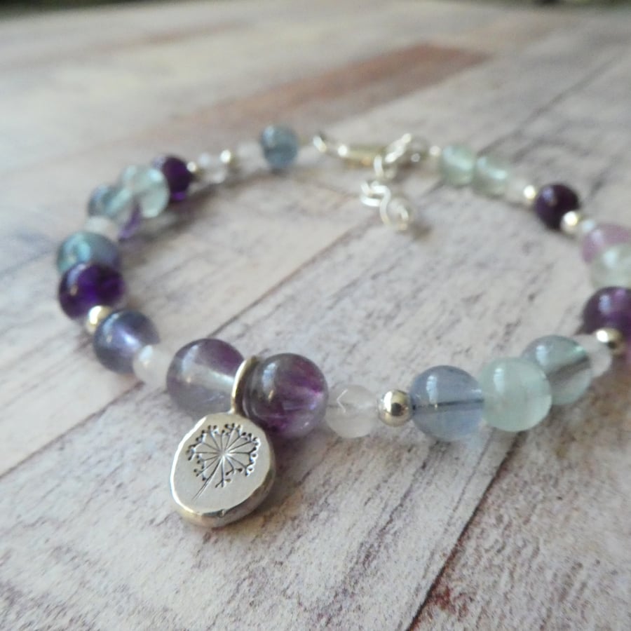 Rainbow Fluorite Stacking Bracelet, Sterling Silver Fluorite Charm Bracelet