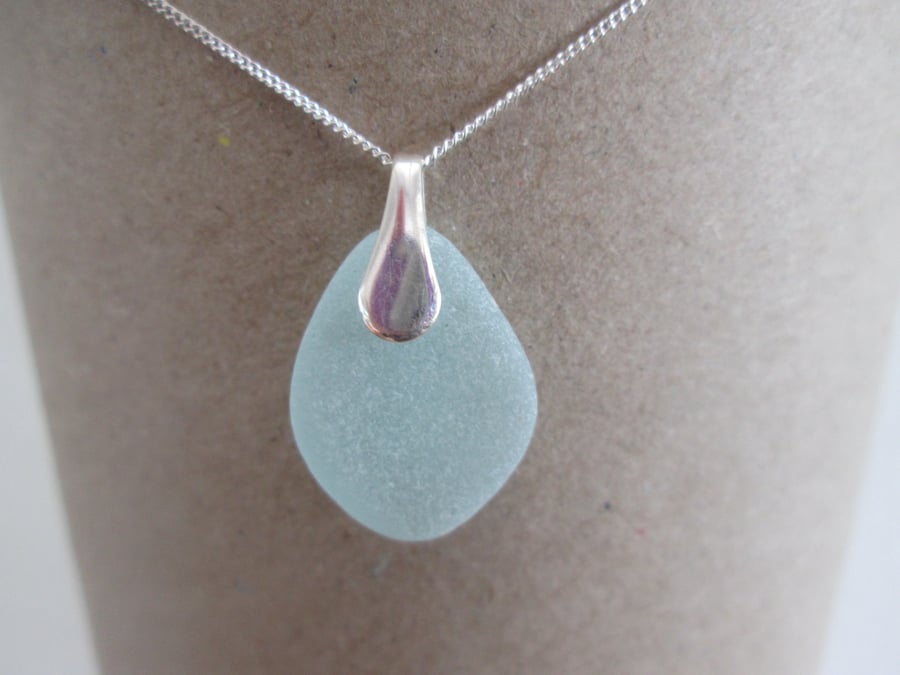 Pretty Aqua Seaglass Pendant Necklace on Sterling Silver chain