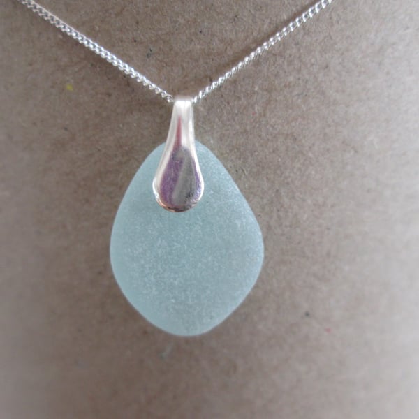 Pretty Aqua Seaglass Pendant Necklace on Sterling Silver chain