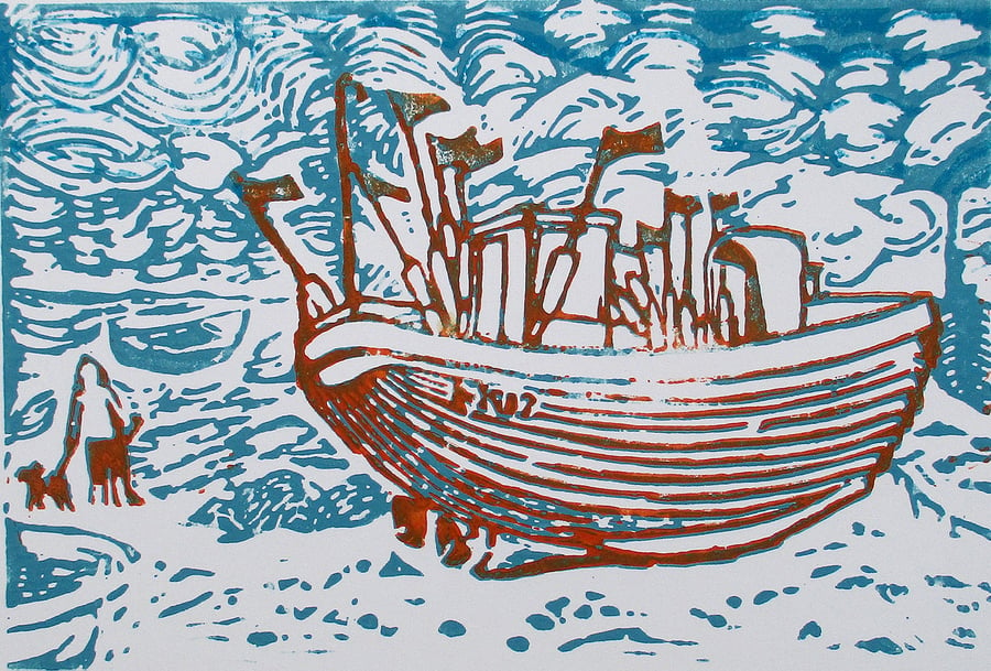 Hastings - On The Beach  Original Hand Pressed Linocut Print