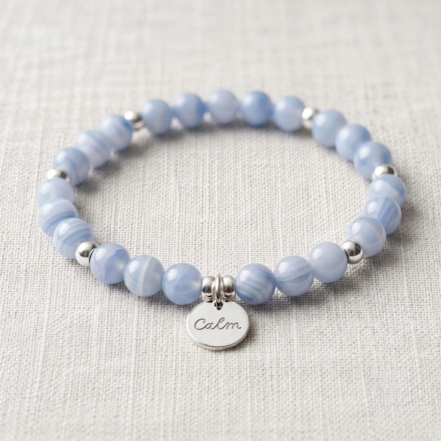 Blue Lace Agate Crystal Bracelet, Calming, Personalised Engraved Gift