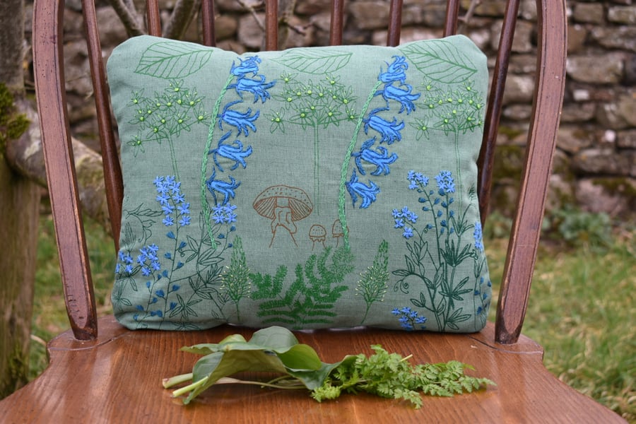 Dark green - 'In the Woods' - Screen printed wild flower cushion 