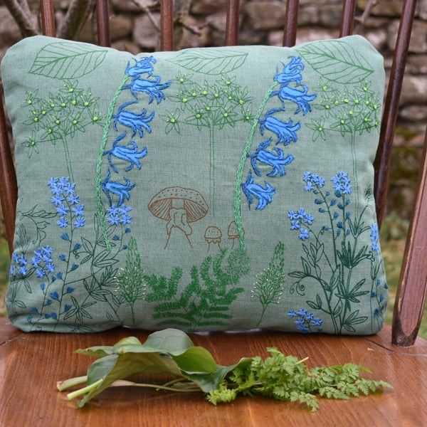 Dark green - 'In the Woods' - Screen printed wild flower cushion 