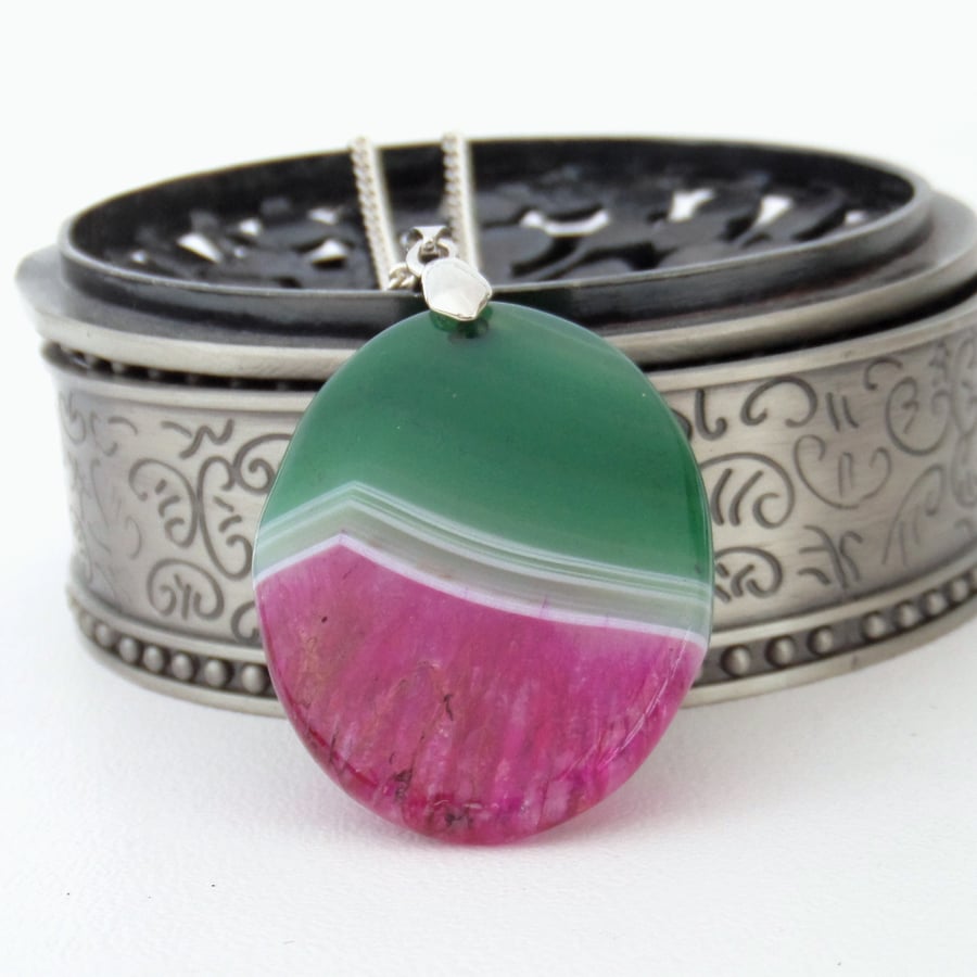 Green and pink druzy agate pendant necklace