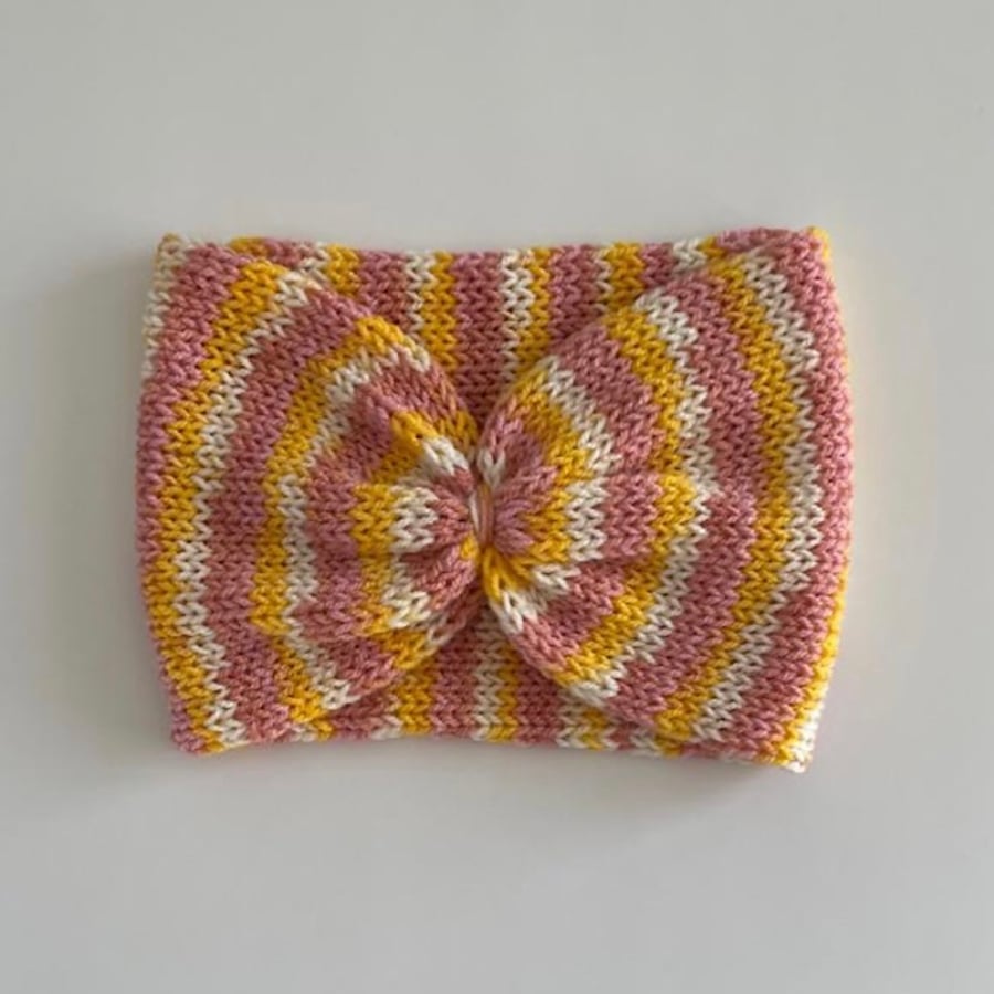 Striped Knitted Ear Warmer, Pink and Yellow Cinched Bow, perfectly imperfect