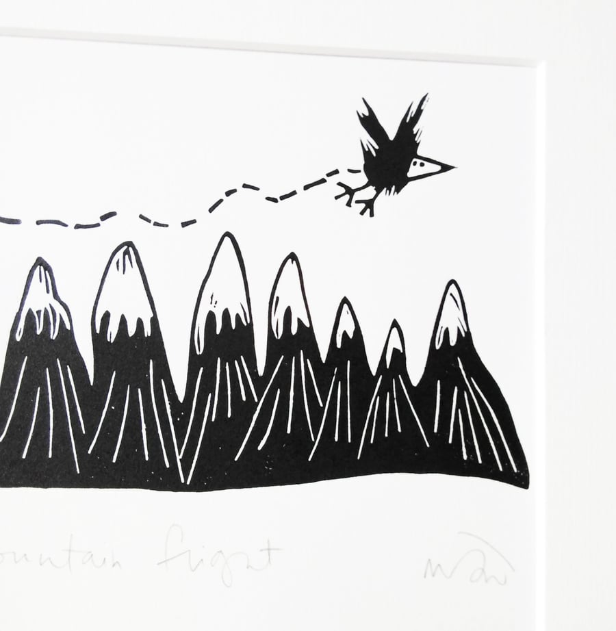 Mountain Flight - Bird lino cut print