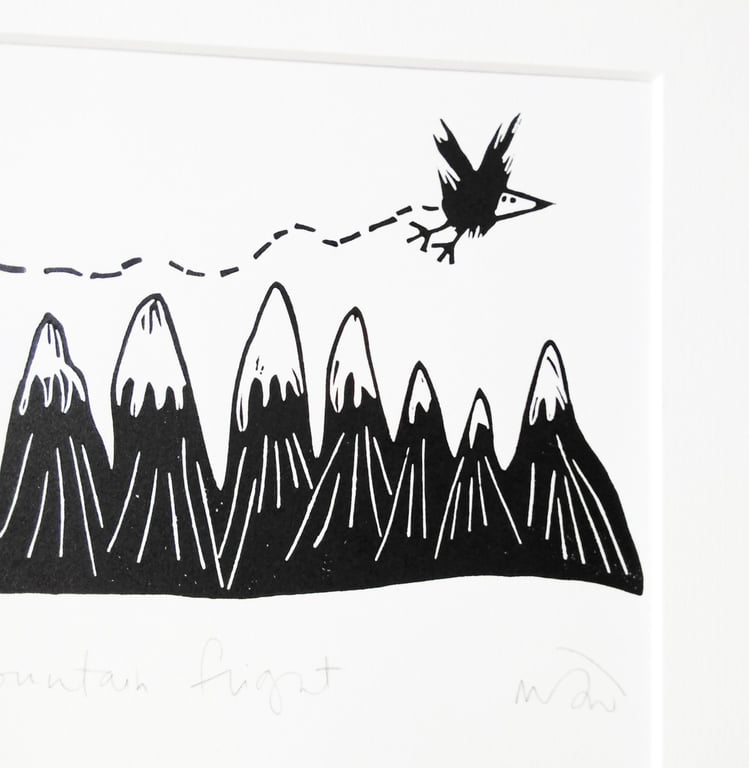 Mountain Flight - Bird lino cut print