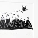Mountain Flight - Bird lino cut print