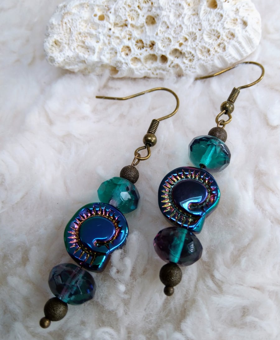 Turquoise Czech coated glass beaded bronze EARRINGS