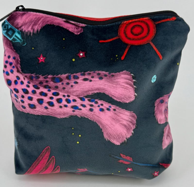 Handmade Emma Shipley velvet fully lined zip purse with pink leopard on black